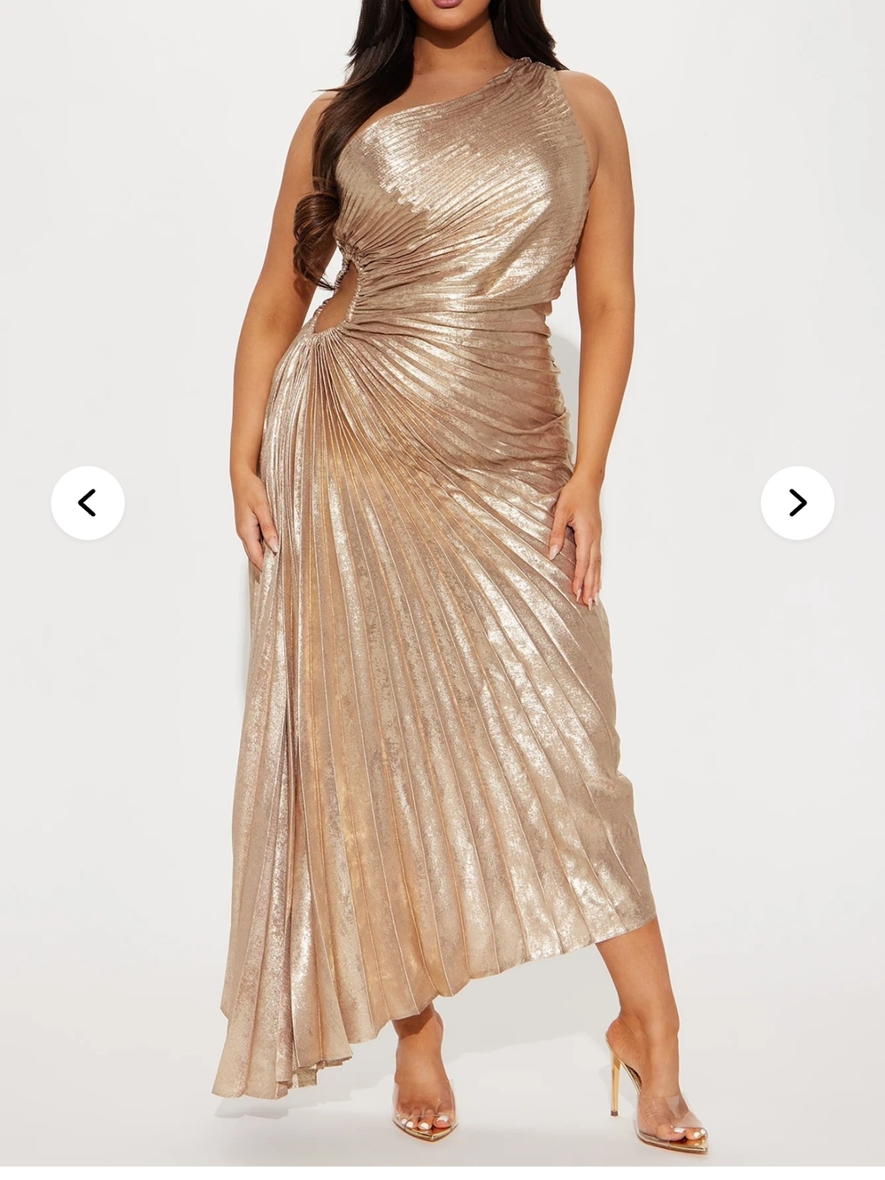 Fashion Nova Metallic Gold One-Shoulder Pleated Dress